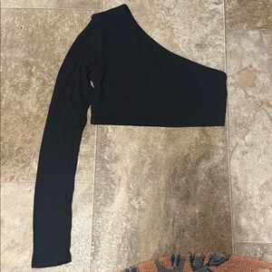 Alo Yoga Black Ribbed Wave One Shoulder Long Sleeve Crop Top